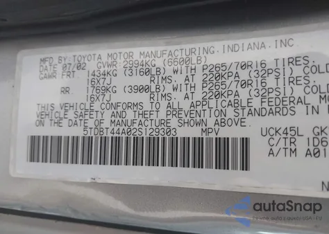 2002 Toyota Sequoia Sr5 V8 z USA, uszkodzony, nr VIN 5TDBT44A02S129303